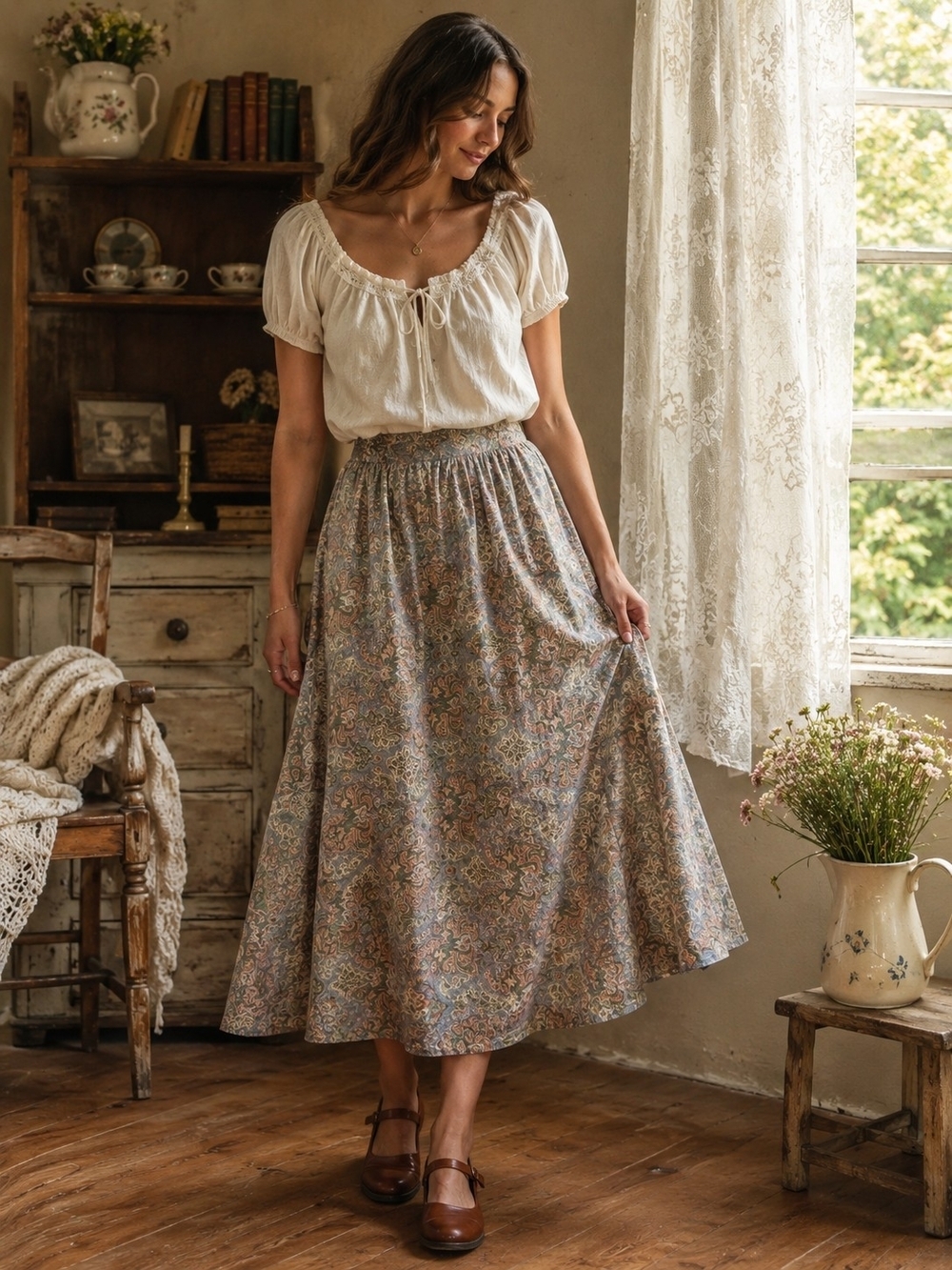 Vintage Paisley A-Line Skirt Pink Sage